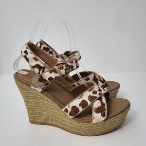 UGG Jazmine Wedge Strappy Sandals Womens 7 Calf Hair Giraffe Print High Heels
